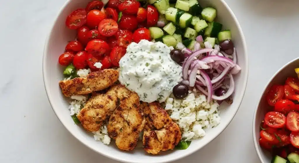 Greek Chicken Bowl topped with tzatziki, cucumber, tomatoes, and feta