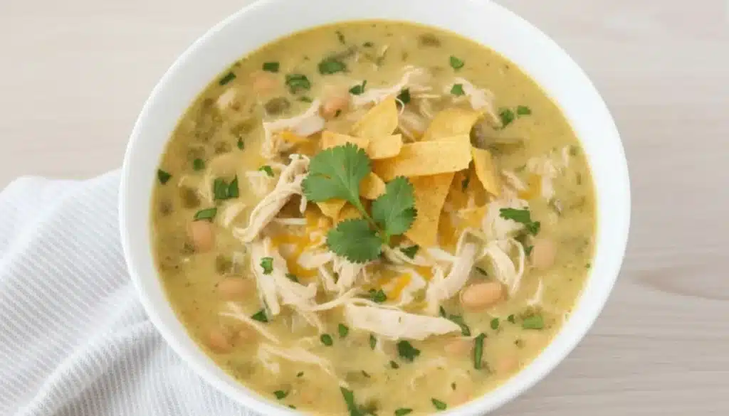 Creamy green chile chicken enchilada soup topped with cilantro and cheese