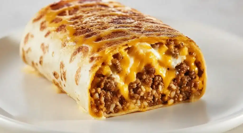 Homemade grilled cheese burrito with seasoned beef and crispy cheese crust