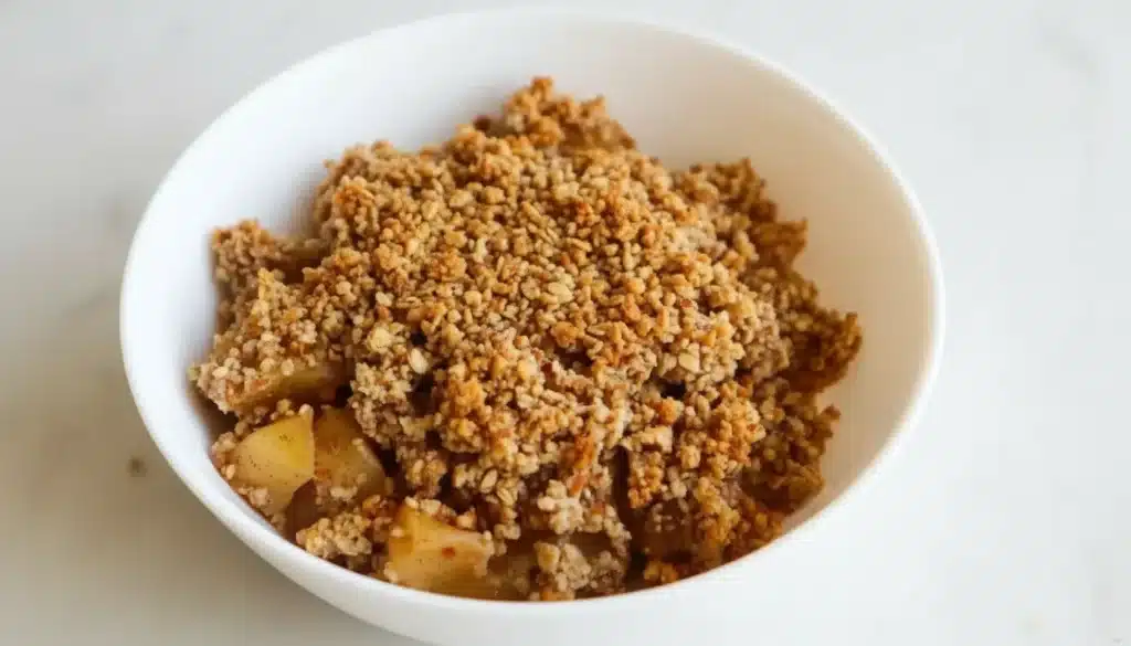 Golden baked apple crumble topped with oats and cinnamon for breakfast