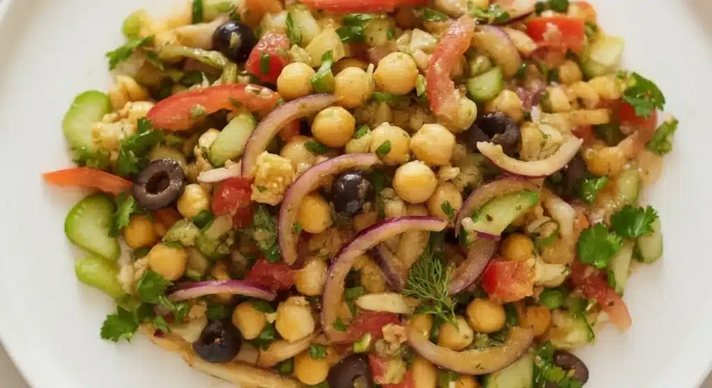 Bowl of healthy chickpea salad with dill, celery, and creamy dressing