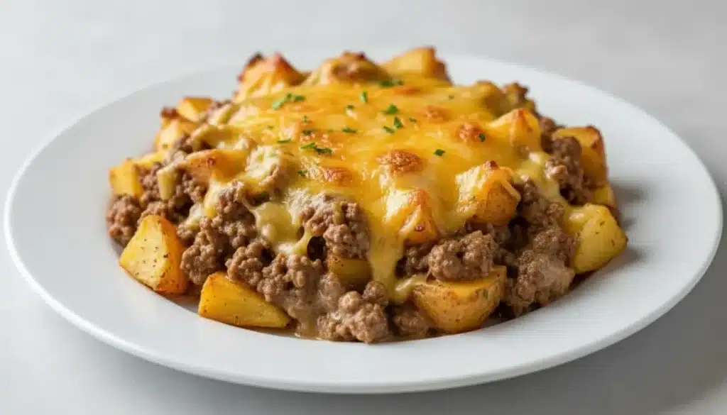 Baked Hobo Casserole with ground beef, potatoes, and melted cheddar cheese