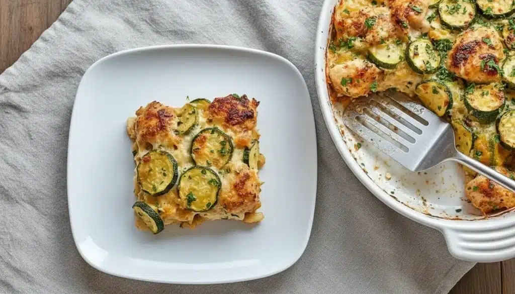 Baked chicken and zucchini topped with melted mozzarella and Parmesan
