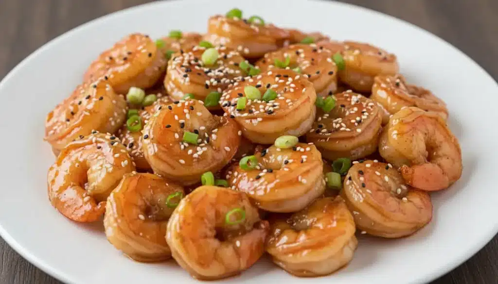 High-protein honey garlic shrimp coated in a glossy sweet-savory sauce