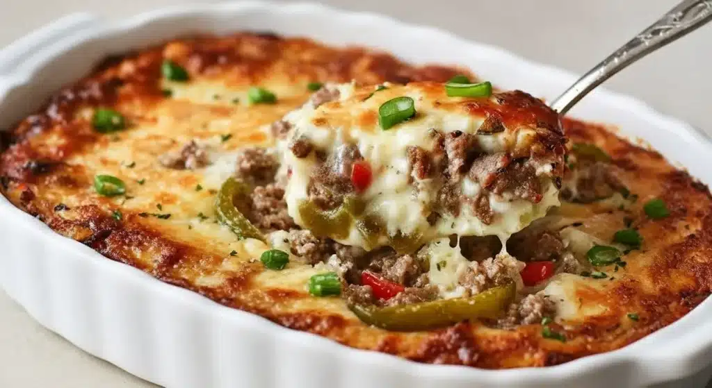 Cheesy low carb Philly cheesesteak casserole with peppers and beef