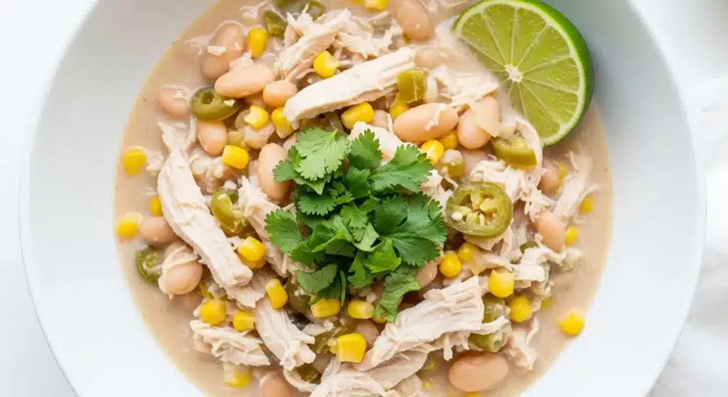 Creamy white chicken chili with beans and corn