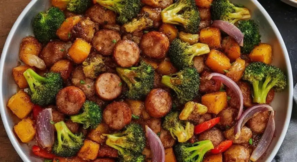 Honey garlic sheet pan sausage with roasted potatoes, peppers, and broccoli