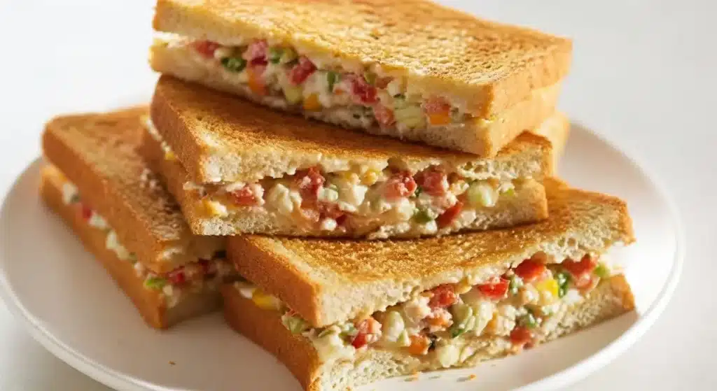 Hung Curd Sandwich layered with creamy yogurt and chopped vegetables