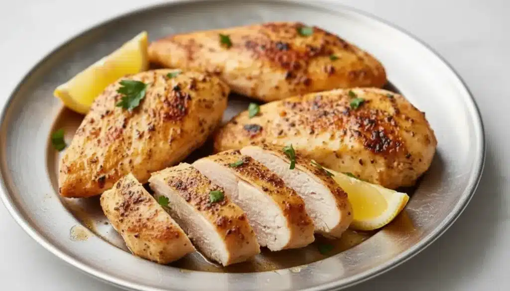 Moist oven baked chicken breast sliced on a cutting board