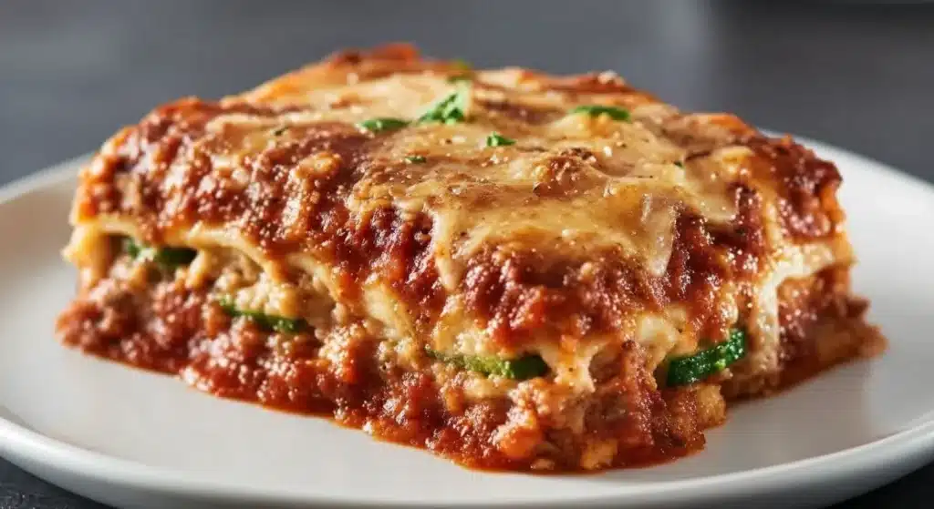 Keto lasagna topped with golden melted cheese and layered low-carb noodles