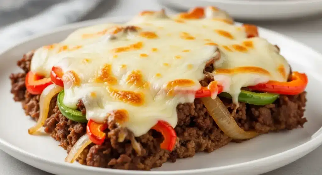 Low Carb Philly Cheesesteak Casserole topped with golden melted cheese