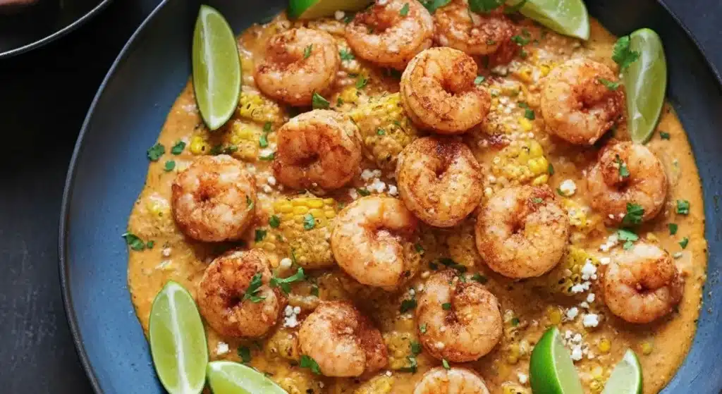 Close-up of Mexican Street Corn and Shrimp in a skillet