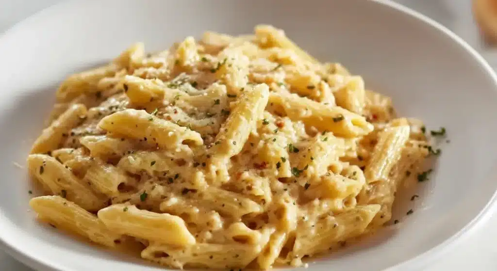 Creamy garlic pasta in one pot topped with Parmesan and fresh herbs