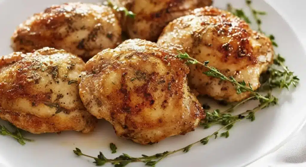 Juicy golden-brown boneless skinless chicken thighs on white plate