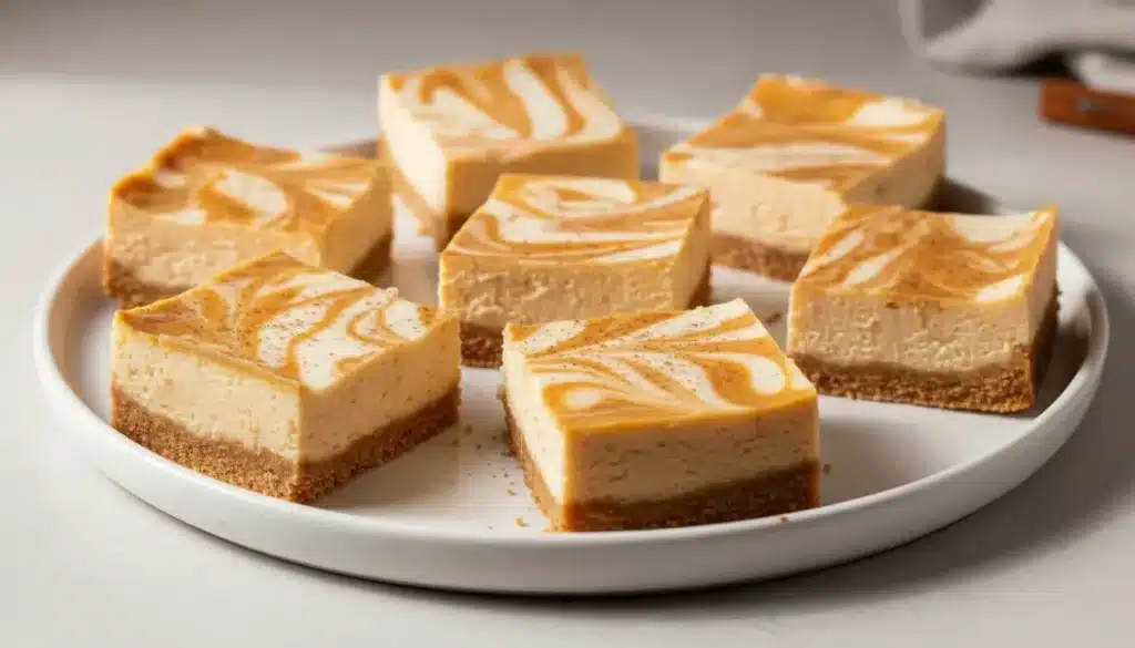 Creamy pumpkin spice cheesecake bars topped with cinnamon