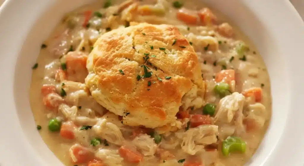 Cheesy biscuit-topped chicken pot pie in a white baking dish