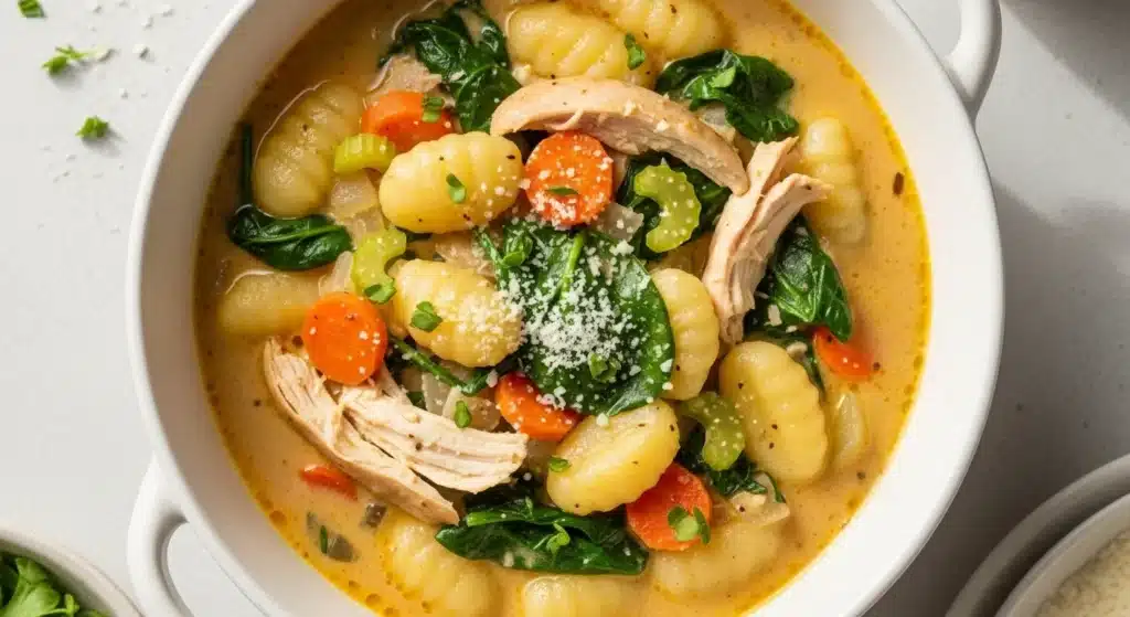 Bowl of creamy rotisserie chicken gnocchi soup with spinach and carrots