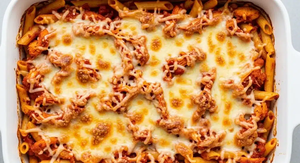 Baked rotisserie chicken parmesan casserole in white plate