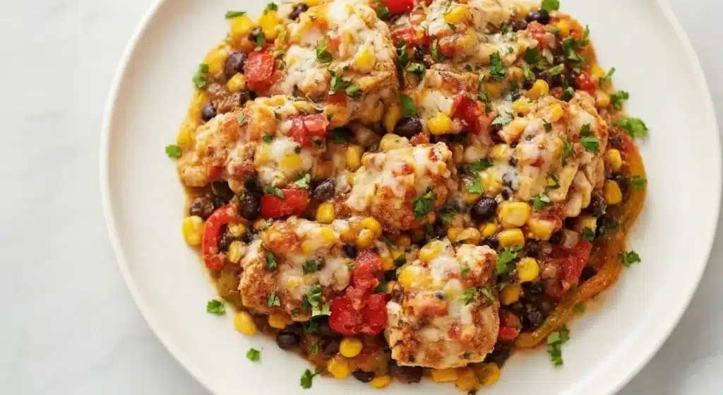 Skillet of Santa Fe chicken with peppers, beans, corn, and melted cheese
