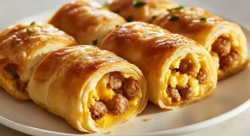 Golden sausage egg and cheese roll-ups baked in flaky crescent dough