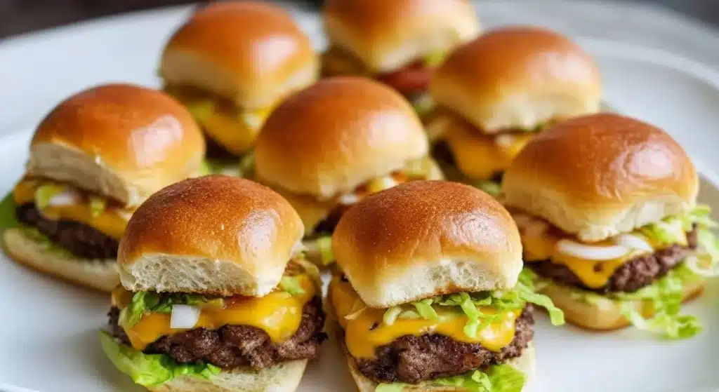 Golden sheetpan burger sliders with melted cheese on soft rolls