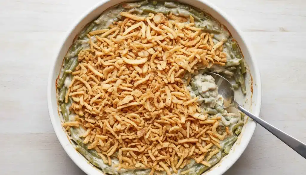 Slow cooker green bean casserole topped with golden crispy onions