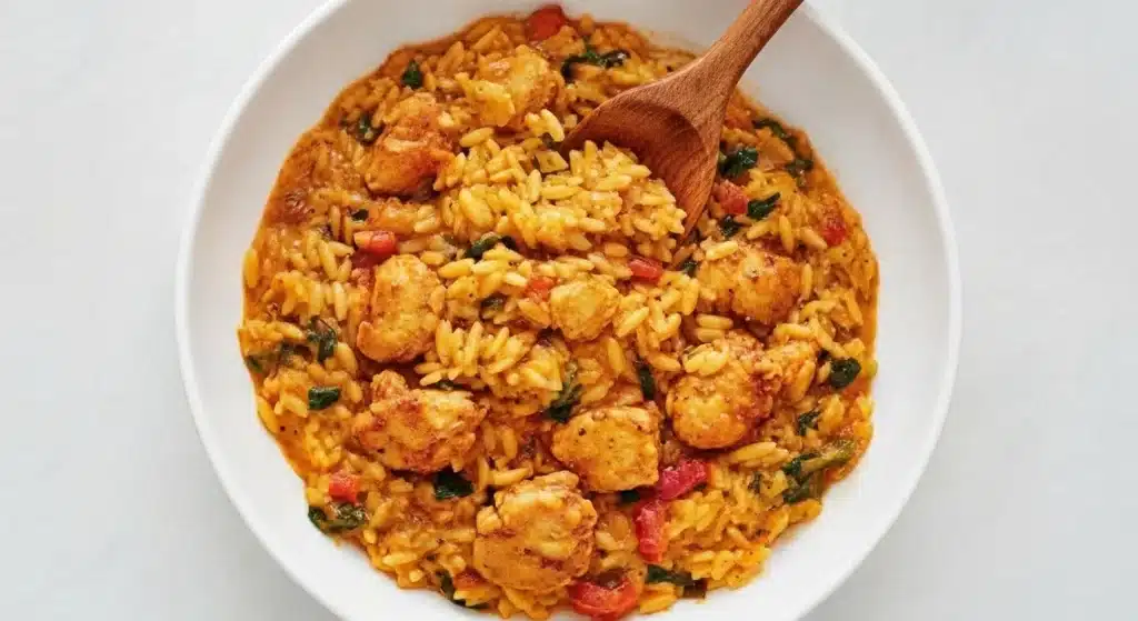 Bowl of spicy Cajun chicken with creamy orzo and parsley garnish
