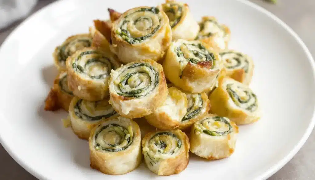 Golden spinach dip pinwheels baked in flaky crescent dough on a plate
