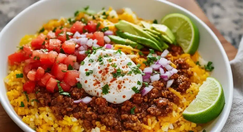 Colorful taco rice bowl with beef, rice, cheese, lettuce, and salsa