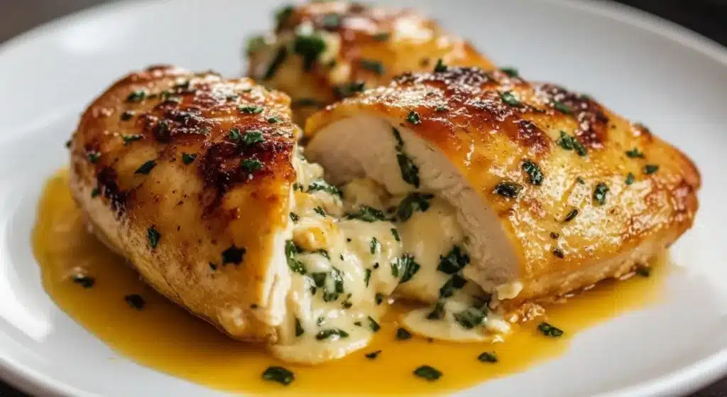 Golden stuffed chicken breast topped with creamy sauce and herbs