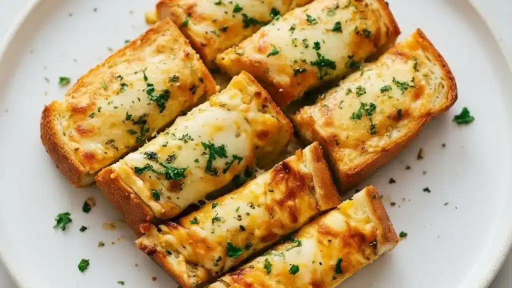 Golden cheesy garlic bread with melted mozzarella and parsley