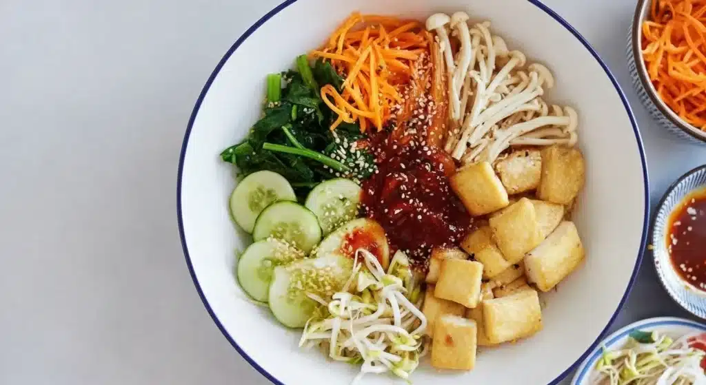 Vegan Bibimbap bowl topped with seasoned vegetables, tofu, and gochujang