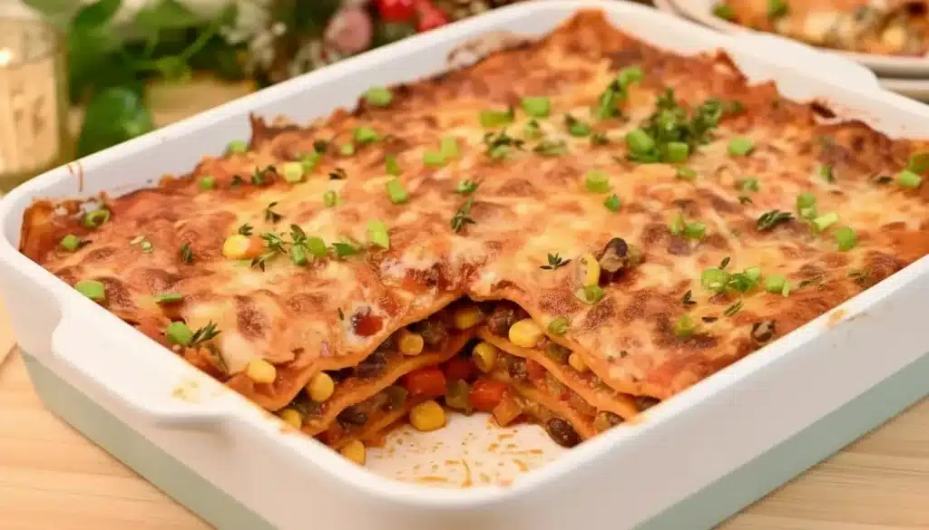 Slice of Veggie Mexican Lasagna with tortillas, veggies, and melted cheese