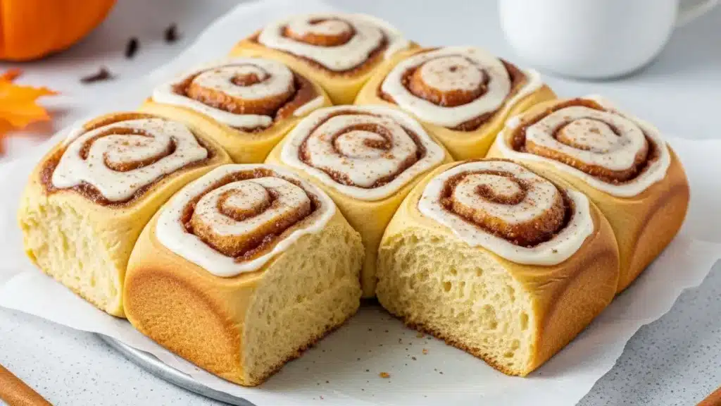 Freshly baked pumpkin spice rolls topped with frosting