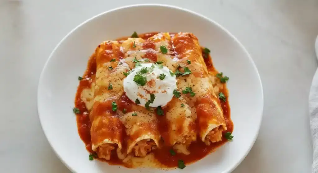 Chicken enchiladas baked with melted cheese and red enchilada sauce