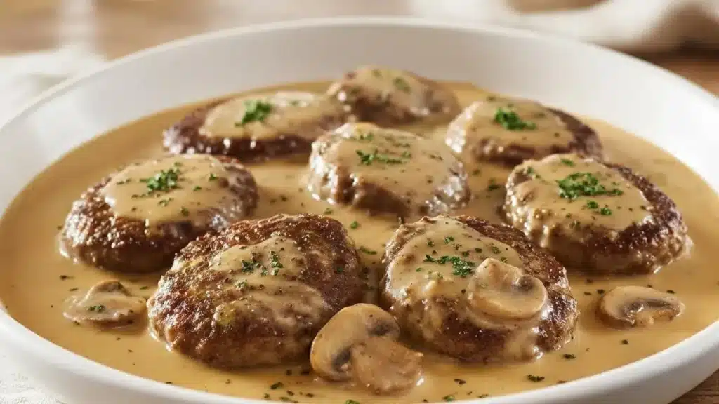 Oven-baked Amish hamburger steak bake garnished with parsley