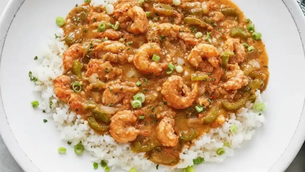 Bowl of authentic Crawfish Etouffee served over hot white rice