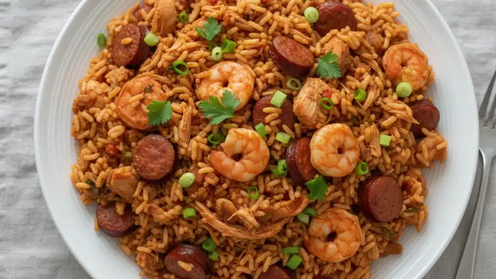 Bowl of authentic Creole jambalaya with chicken, sausage, and shrimp