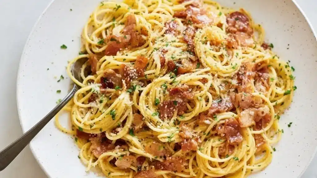 Bowl of authentic Pasta Carbonara topped with crispy guanciale