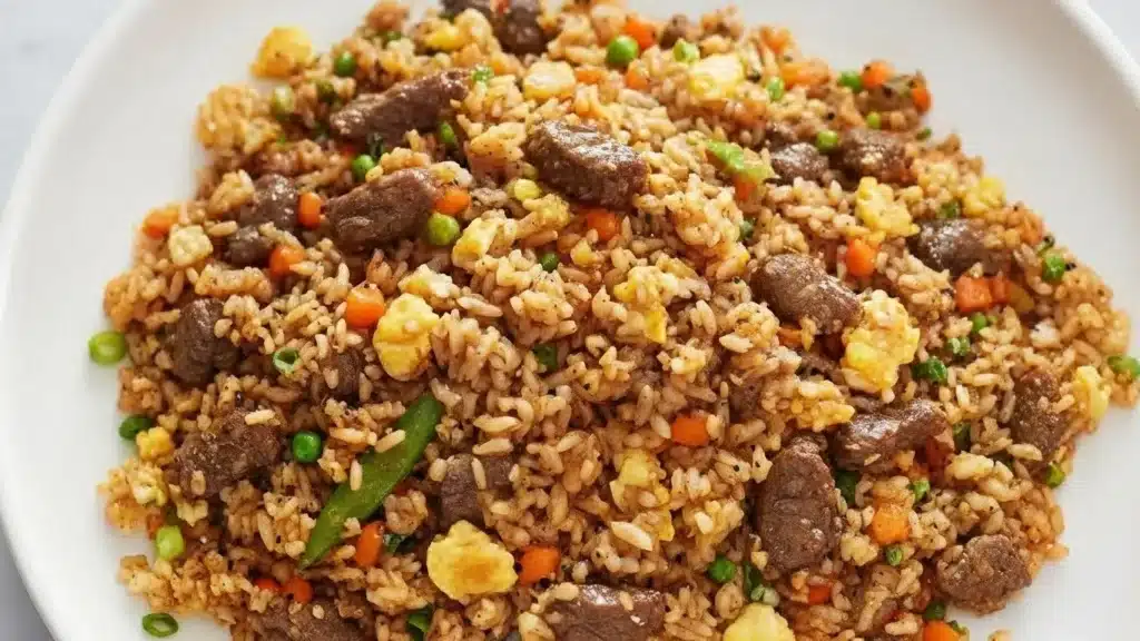 Colorful beef fried rice with vegetables and green onions
