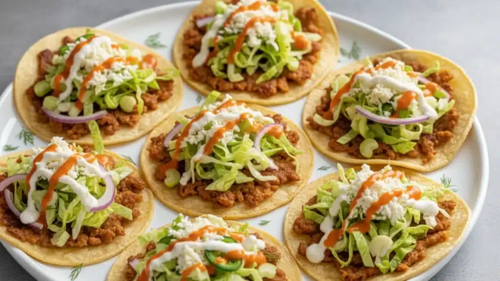 Crispy Buffalo Chicken Smash Tacos topped with lettuce and ranch