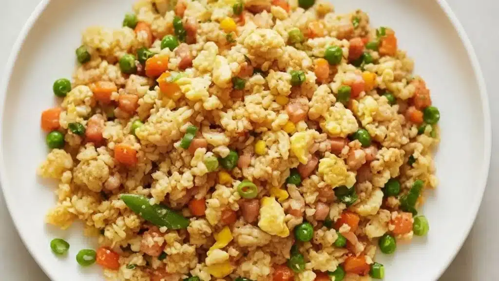 Low carb cauliflower fried rice with vegetables in a skillet