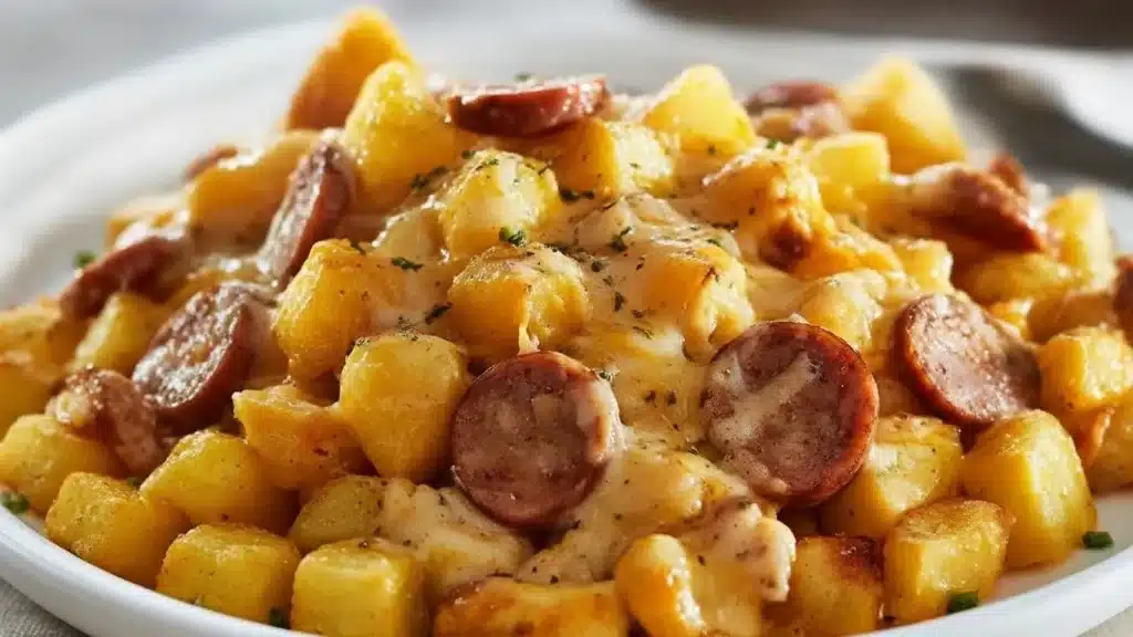 Skillet of cheesy ranch potatoes with browned sausage