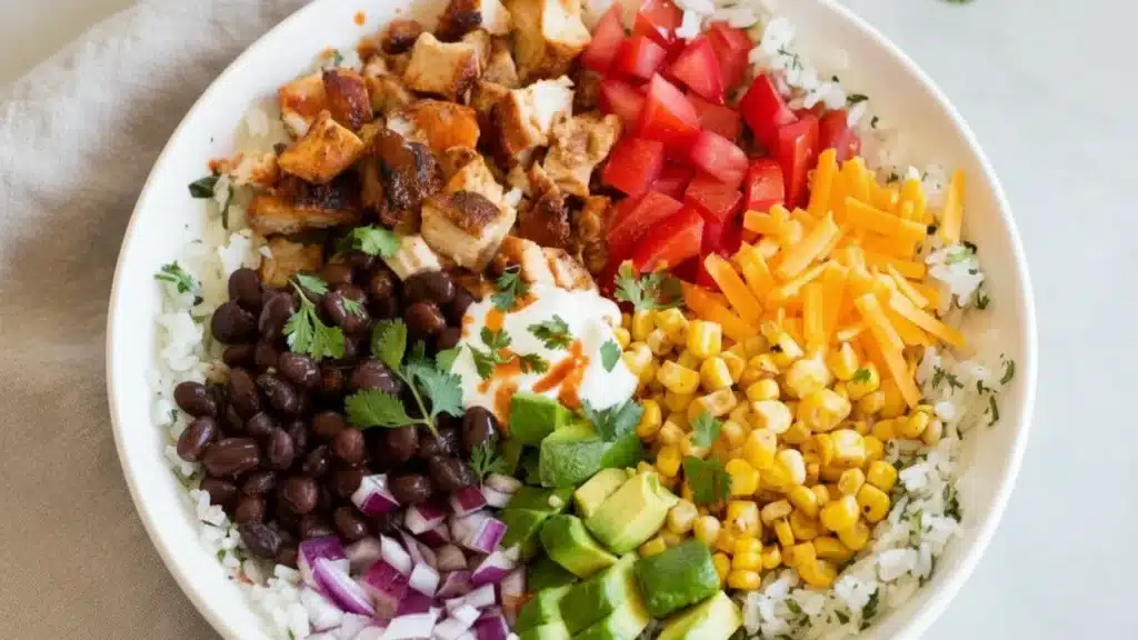 Chicken Burrito Bowl topped with seasoned chicken, beans, corn, and avocado