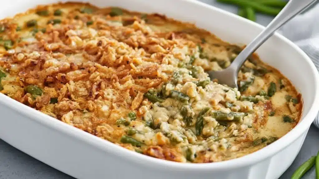 Baked green bean casserole topped with golden crispy fried onions:
