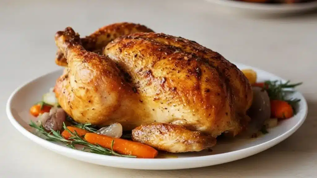 Classic roast chicken with golden crispy skin and juicy meat