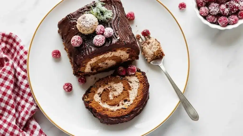 Festive Yule Log Cake topped with chocolate buttercream and sugared garnish