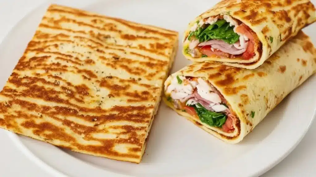 Freshly baked cottage cheese flatbread with crisp edges on a tray
