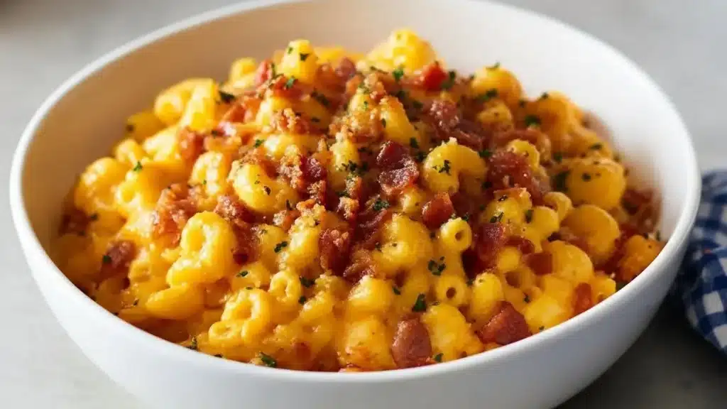Decadent bacon mac and cheese with melted cheese