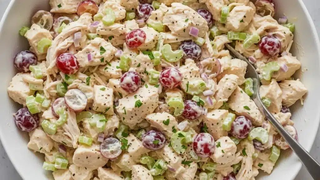 Bowl of creamy chicken salad with grapes, celery, and herbs